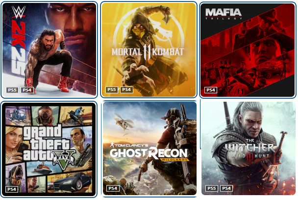 اکانت بازی wwe 2k25 + gta v + ghost racon + mafia trilogy + mortal 11 + witcher 3 - ظرفیت 1 - ps4 & ps5